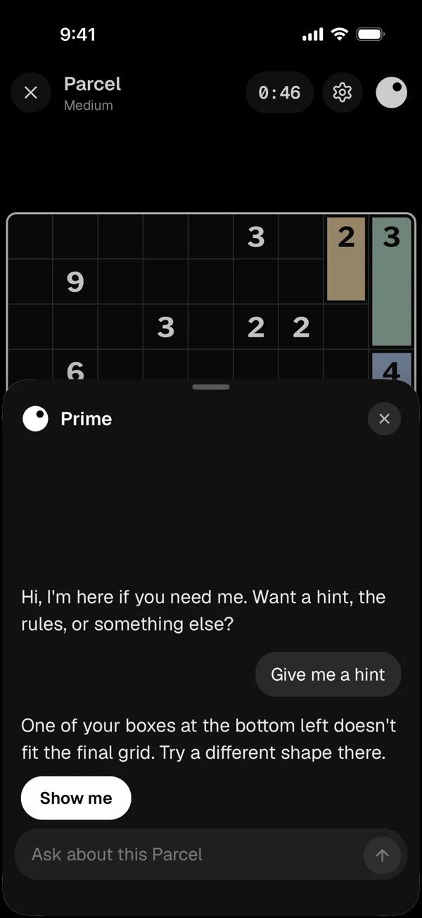 Prime giving a hint during a Parcel puzzle